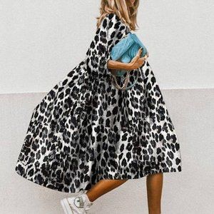 Loose High-Low Pleated Half Sleeves Round-Neck Midi Dress Black Leopard Print
